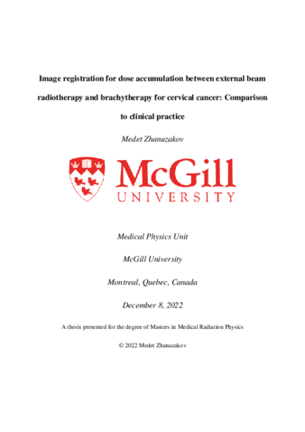 Image registration for dose accumulation between external beam radiotherapy and brachytherapy for cervical cancer: Comparison to clinical practice thumbnail