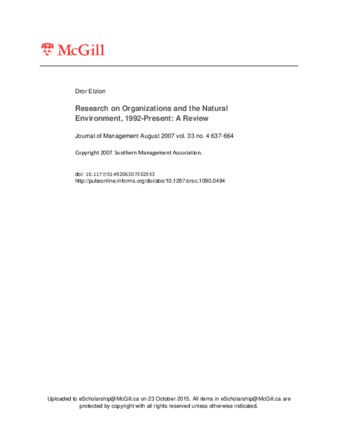 Research on Organizations and the Natural Environment, 1992-Present: A Review thumbnail