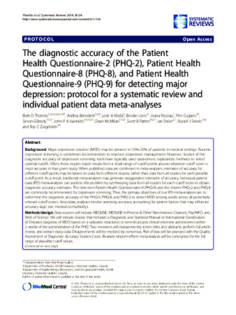 The diagnostic accuracy of the Patient Health Questionnaire-2 (PHQ-2), Patient Health Questionnaire-8 (PHQ-8), and Patient Health Questionnaire-9 (PHQ-9) for detecting major depression: protocol for a systematic review and individual patient data meta-analyses thumbnail