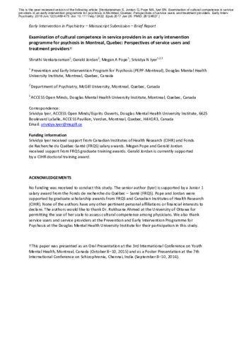  Examination of cultural competence in service providers in an early intervention programme for psychosis in Montreal, Quebec: Perspectives of service users and treatment providers thumbnail