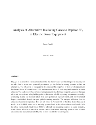 Analysis of Alternative Insulating Gases to Replace SF6 in Electric Power Equipment  thumbnail