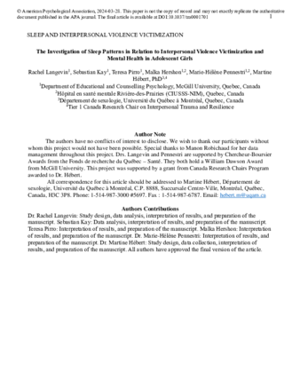 The investigation of sleep patterns in relation to interpersonal violence victimization and mental health in adolescent girls thumbnail