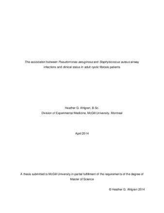 The association between «Pseudomonas aeruginosa» and «Staphylococcus aureus» airway infections and clinical status in adult cystic fibrosis patients thumbnail