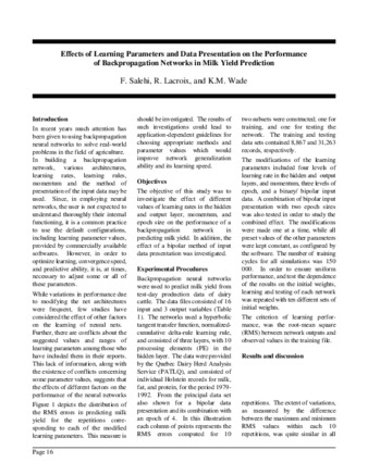 Effects of Learning Parameters and Data Presentation on the Performance of Backpropagation Networks in Milk Yield Prediction thumbnail