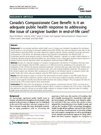 Canada’s Compassionate Care Benefit: Is it anadequate public health response to addressing the issue of caregiver burden in end-of-life care? thumbnail