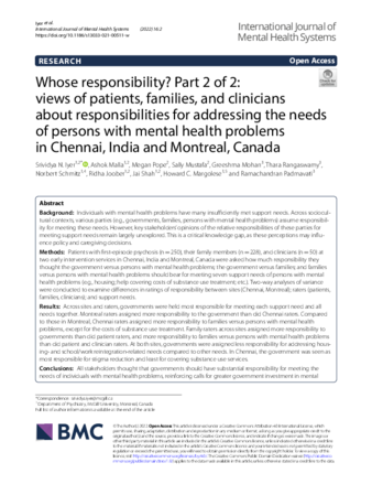 Whose responsibility? Part 2 of 2: views of patients, families, and clinicians about responsibilities for addressing the needs of persons with mental health problems in Chennai, India and Montreal, Canada. thumbnail