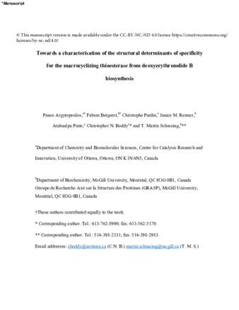 Towards a characterization of the structural determinants of specificity in the macrocyclizing thioesterase for deoxyerythronolide B biosynthesis thumbnail