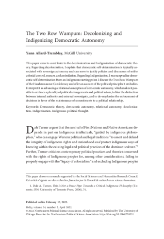 The Two Row Wampum: Decolonizing and Indigenizing Democratic Autonomy thumbnail