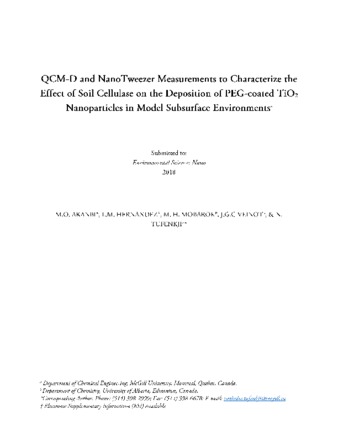 QCM-D and Nano Tweezer Measurements to Characterize the Effect of soil cellulase on the deposition of PEG-coated TiO2 Nanoparticles in Model Subsurface Environments thumbnail