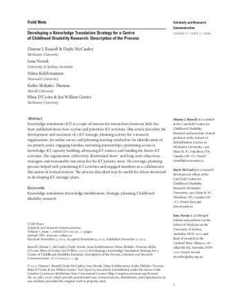 Developing a Knowledge Translation Strategy for a Centre of Childhood Disability Research: Description of the Process thumbnail