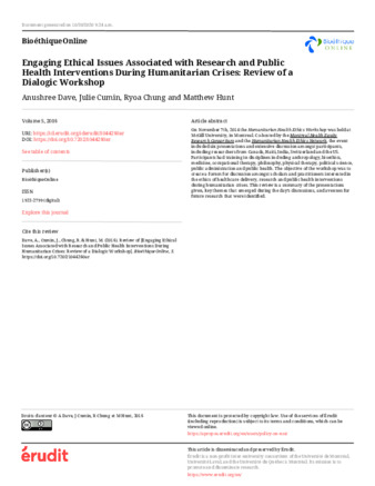 Engaging Ethical Issues Associated with Research and Public Health Interventions During Humanitarian Crises: Review of a Dialogic Workshop thumbnail