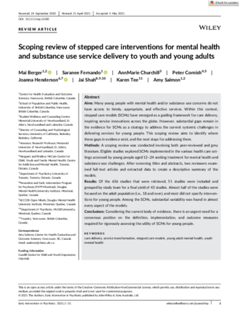 Scoping review of stepped care interventions for mental health and substance use service delivery to youth and young adults thumbnail