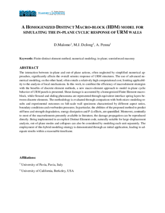 A Homogenized Distinct Macro-block (HDM) model for simulating the in-plane cyclic response of URM walls thumbnail