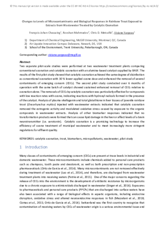 Changes to levels of microcontaminants and biological responses in rainbow trout exposed to extracts from wastewater treated by catalytic ozonation thumbnail