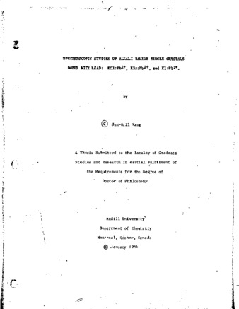 Spectroscopic studies of alkali halide single crystals doped with lead : KCI:Pb"+, KBr:Pb"+, and KI:Pb"+ thumbnail