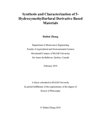 Synthesis and characterization of 5-hydroxymethlfurfural derivative based materials thumbnail