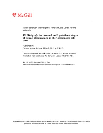 TMED2/p24β1 is expressed in all gestational stages of human placentas and in choriocarcinoma cell lines thumbnail