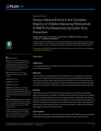 Serious Adverse Events in the Canadian Registry of Children Receiving Palivizumab (CARESS) for Respiratory Syncytial Virus Prevention thumbnail