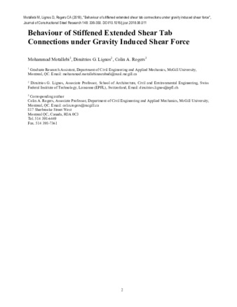 Behaviour of stiffened extended shear tab connections under gravity induced shear force thumbnail