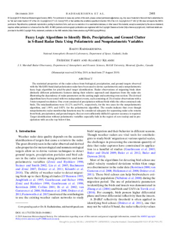 Fuzzy Logic Algorithms to Identify Birds, Precipitation, and Ground Clutter in S-Band Radar Data Using Polarimetric and Nonpolarimetric Variables thumbnail