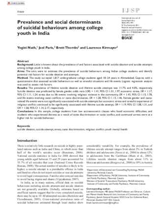 Prevalence and social determinants of suicidal behaviours among college youth in India thumbnail