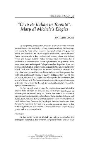 "O To Be Italian in Toronto": Mary di Michele's Elegies thumbnail