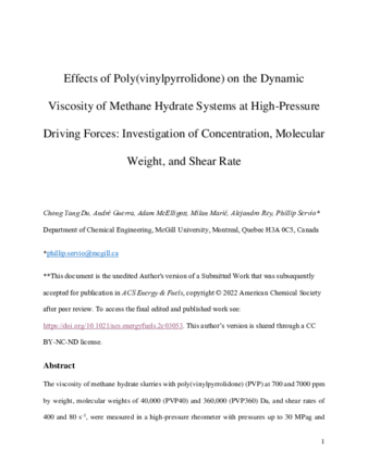 Effects of Poly(vinylpyrrolidone) on the Dynamic Viscosity of Methane Hydrate Systems at High-Pressure Driving Forces: Investigation of Concentration, Molecular Weight, and Shear Rate thumbnail