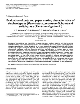 Evaluation of pulp and paper making characteristics of elephant grass (Pennisetum purpureum Schum) and switchgrass (Panicum virgatum L.) thumbnail