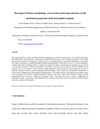 The impact of tissue morphology, cross-section and turgor pressure on the mechanical properties of the leaf petiole in plants thumbnail