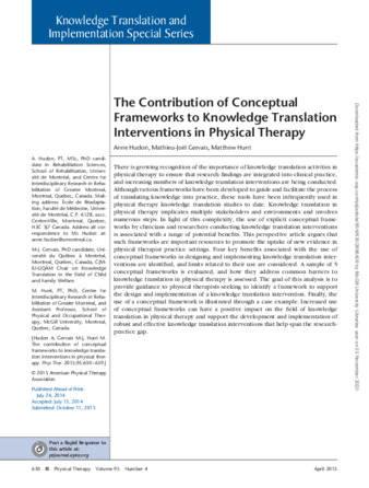 Contribution of conceptual frameworks to knowledge translation interventions in physical therapy thumbnail