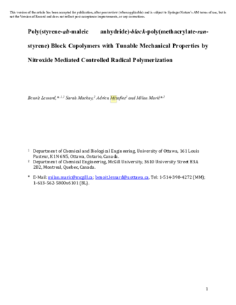 Poly(styrene-alt-maleic anhydride)-block-poly(methacrylate-ran-styrene) Block Copolymers with Tunable Mechanical Properties by Nitroxide Mediated Controlled Radical Polymerization thumbnail