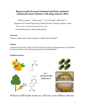 Reprocessable bio-based statistical and block copolymer methacrylic-based vitrimers with shape memory effect thumbnail