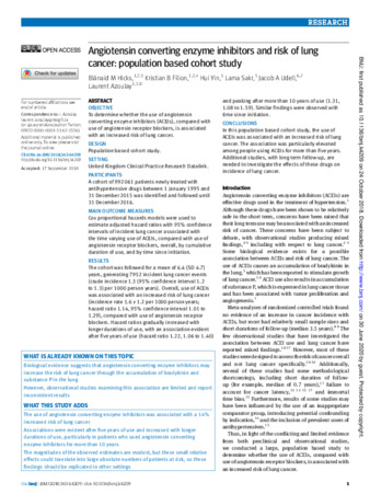 Angiotensin converting enzyme inhibitors and the risk of lung cancer: population based cohort study thumbnail