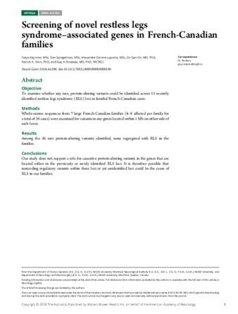 Screening of novel restless legs syndrome–associated genes in French-Canadian families thumbnail