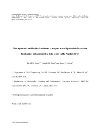 Flow dynamics and bedload sediment transport around paired deflectors for fish habitat enhancement: a field study in the Nicolet River thumbnail