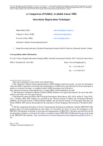 A comparison of publicly available linear MRI stereotaxic registration techniques thumbnail