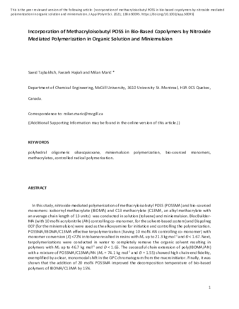 Incorporation of Methacryloisobutyl POSS in Bio-Based Copolymers by Nitroxide Mediated Polymerization in Organic Solution and Miniemulsion thumbnail