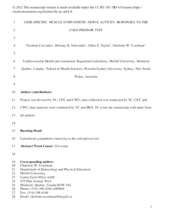 Limb-specific muscle sympathetic nerve activity responses to the cold pressor test thumbnail