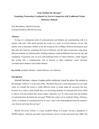 Is the Medium the Message?: Examining Transactions Conducted via Text in Comparison with Traditional Virtual Reference Methods thumbnail