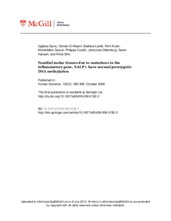 Familial molar tissues due to mutations in the inflammatory gene, NALP7, have normal postzygotic DNA methylation thumbnail