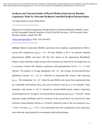 Synthesis and Characterization of Benzyl Methacrylate/Styrene Random Copolymers Made by Nitroxide-Mediated Controlled Radical Polymerization thumbnail