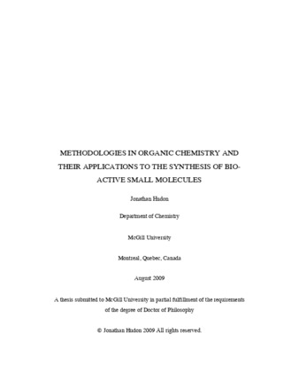 Methodologies in organic chemistry and their applications to the synthesis of bio-active small molecules thumbnail