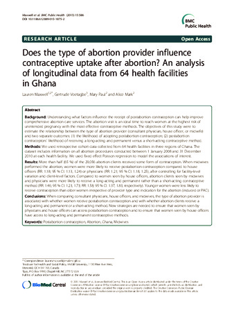 Does the type of abortion provider influence contraceptive uptake after abortion? An analysis of longitudinal data from 64 health facilities in Ghana thumbnail