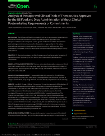 Analysis of Postapproval Clinical Trials of Therapeutics Approved by the US Food and Drug Administration Without Clinical Postmarketing Requirements or Commitments thumbnail