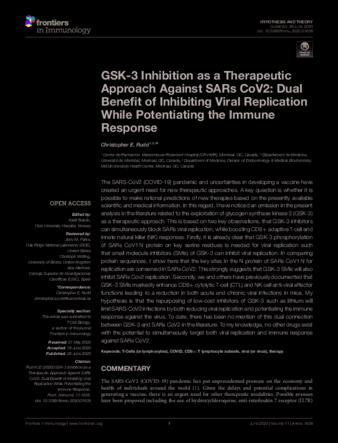 GSK-3 Inhibition as a Therapeutic Approach Against SARs CoV2: Dual Benefit of Inhibiting Viral Replication While Potentiating the Immune Response thumbnail