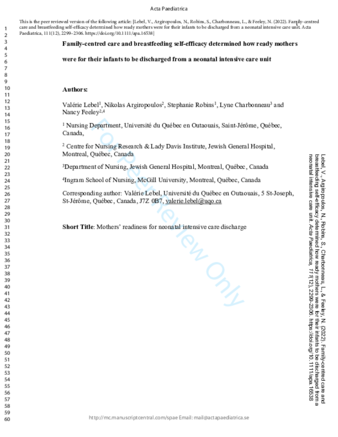 Family-centred care and breastfeeding self-efficacy determined how ready mothers were for their infants to be discharged from a neonatal intensive care unit thumbnail