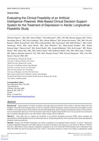 Evaluating the Clinical Feasibility of an Artificial Intelligence-Powered, Web-Based Clinical Decision Support System for the Treatment of Depression in Adults: Longitudinal Feasibility Study thumbnail