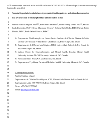 Neonatal hypoxia-ischemia induces dysregulated feeding patterns and ethanol consumption that are alleviated by methylphenidate administration in rats thumbnail