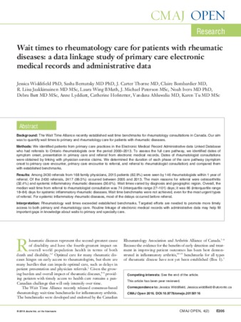 Wait times to rheumatology care for patients with rheumatic diseases: a data linkage study of primary care electronic medical records and administrative data thumbnail