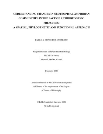 Understanding changes in Neotropical Amphibian communities in the face of anthropogenic pressures: A spatial, phylogenetic and functional approach thumbnail